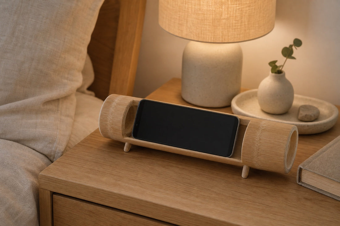 Zen bamboo phone stand holding one smartphone horizontally on a warm bedside table beside a lamp and book
