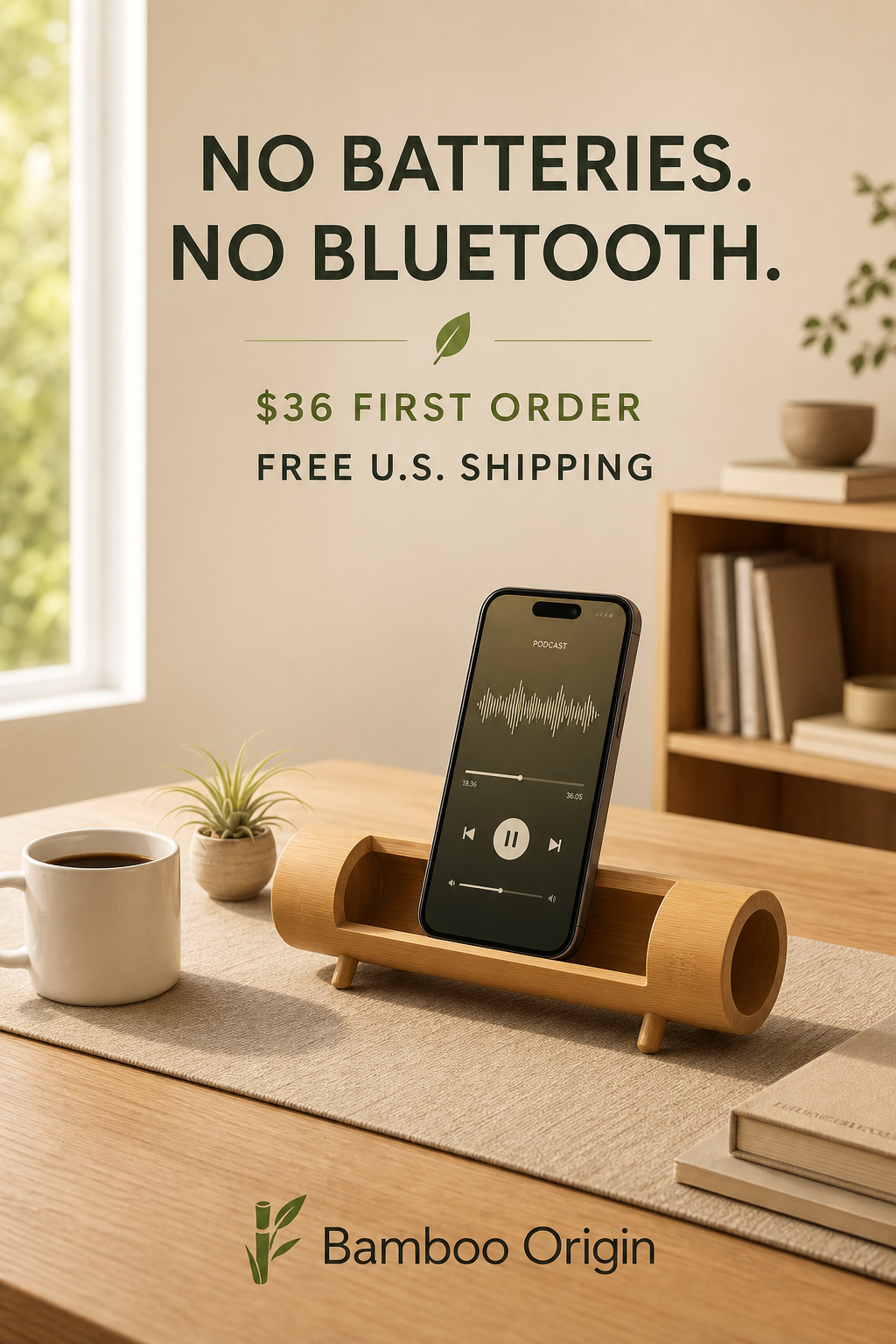 Bamboo phone speaker stand on a desk with $36 U.S. offer