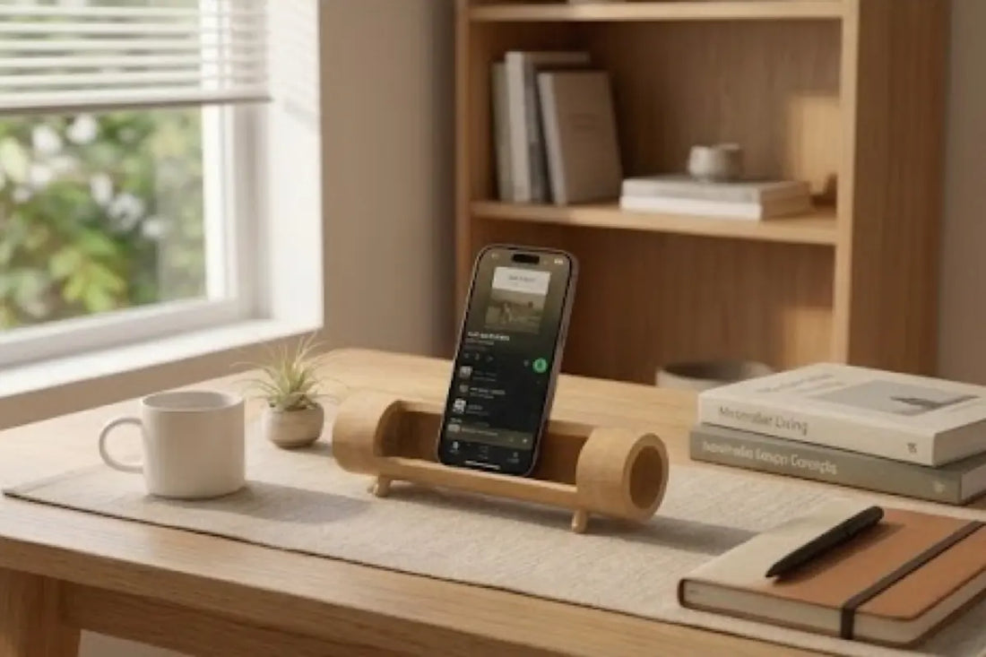 Bamboo phone speaker stand on a warm remote-work desk