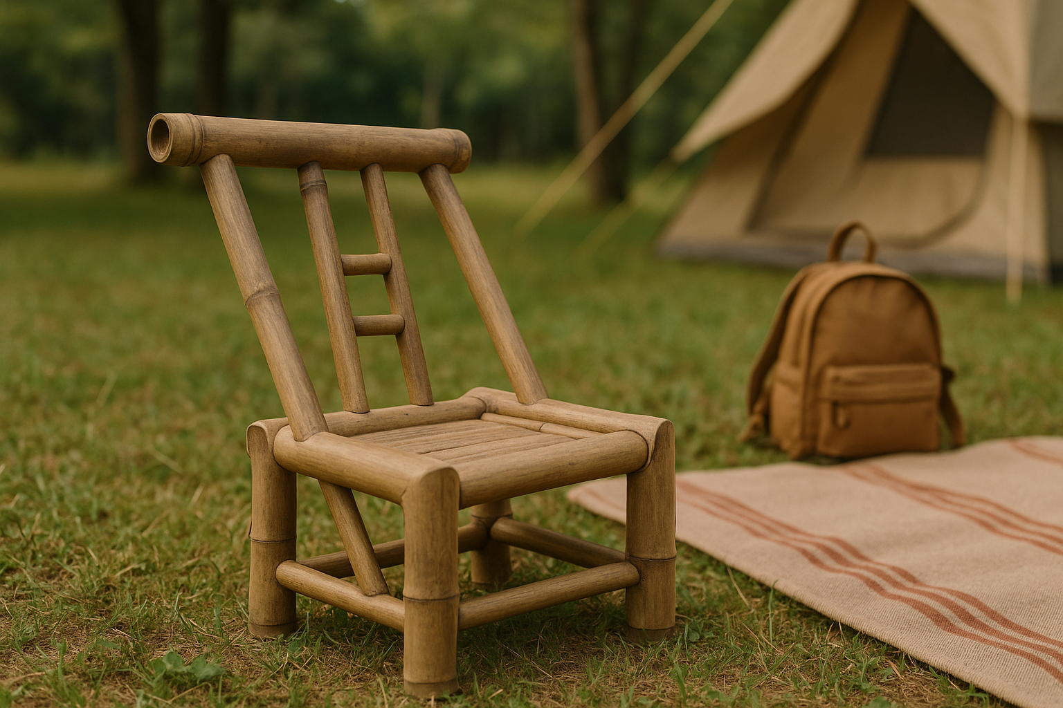 Small bamboo chair in an outdoor camping scene