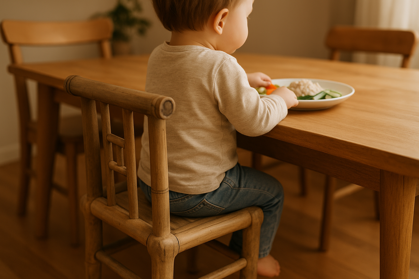 Handcrafted bamboo kids chair beside a dining table