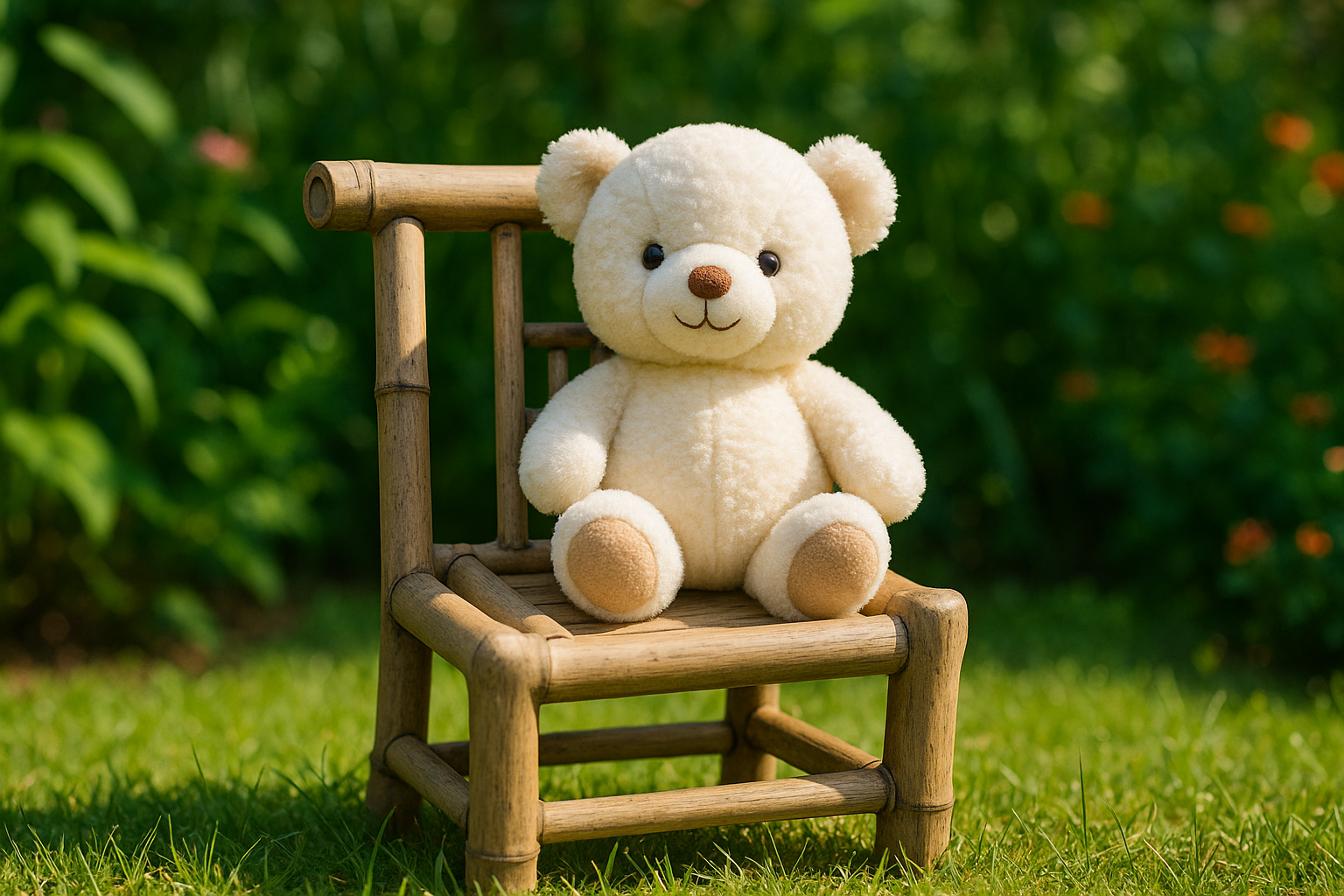 Small handcrafted bamboo chair outdoors with plush toy