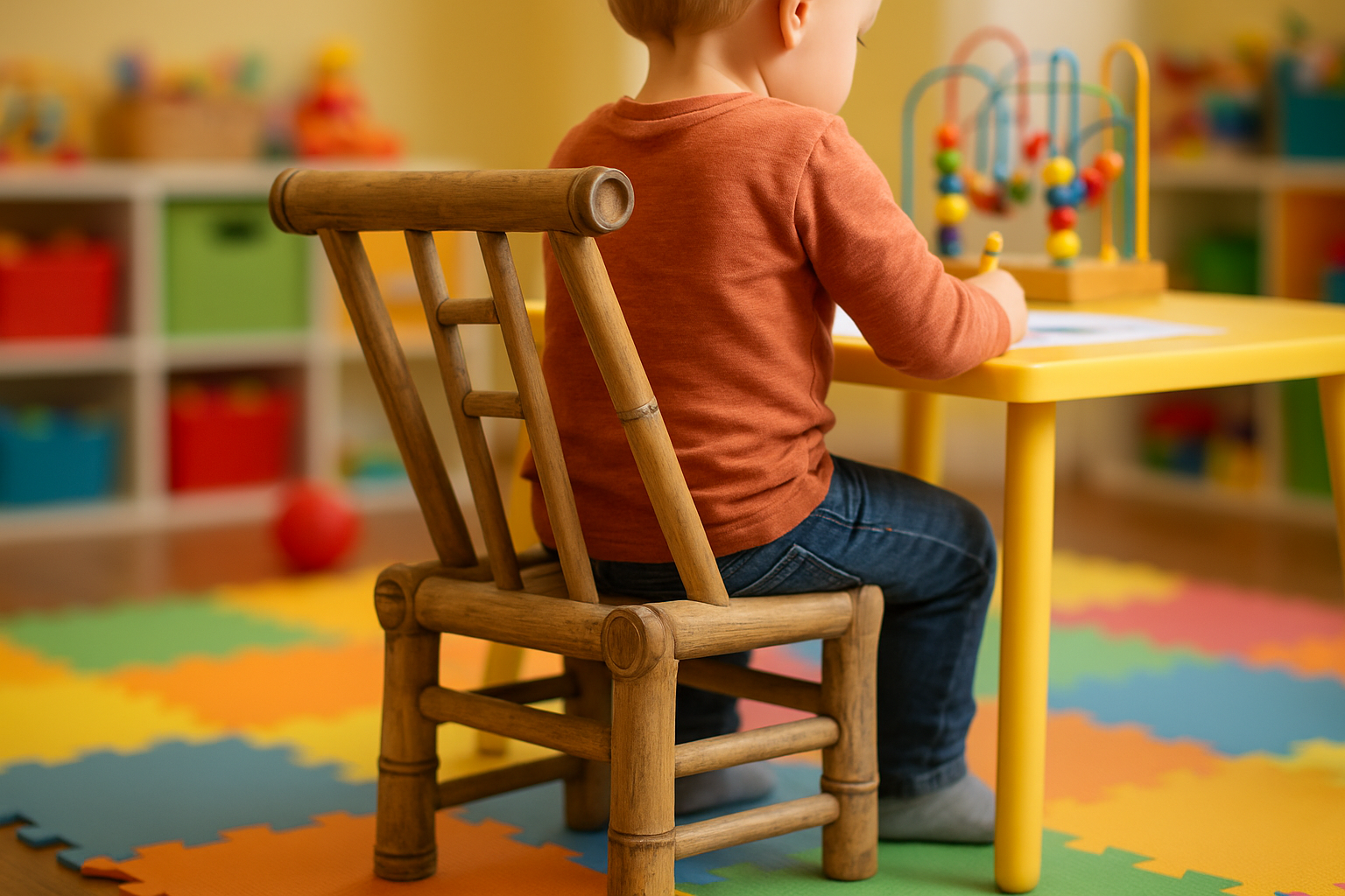 Handcrafted bamboo kids chair in a playroom