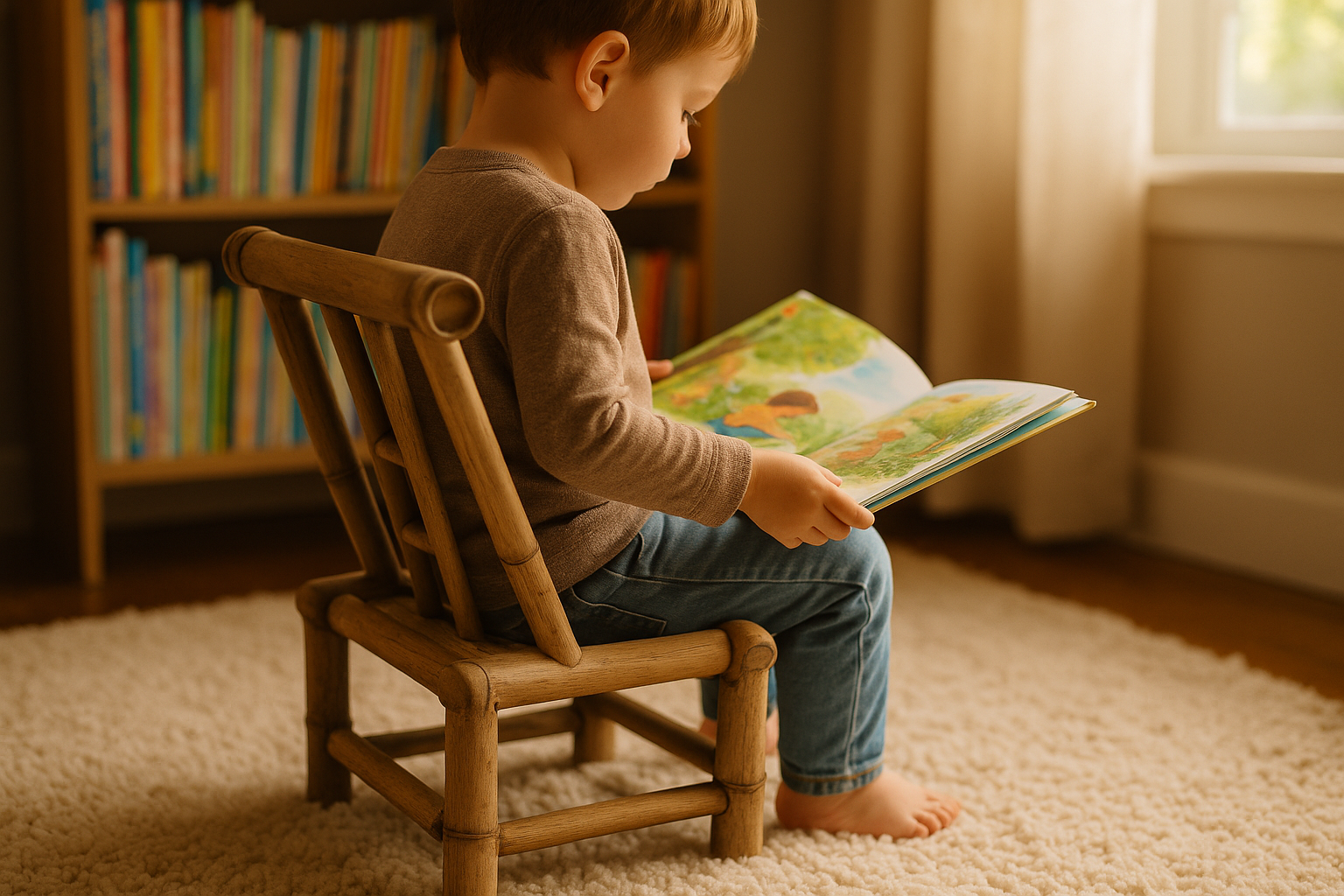 Handcrafted bamboo kids chair in a reading corner