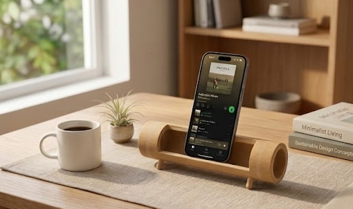 Zen Bamboo Acoustic Phone Stand holding a phone on a sunlit minimalist desk