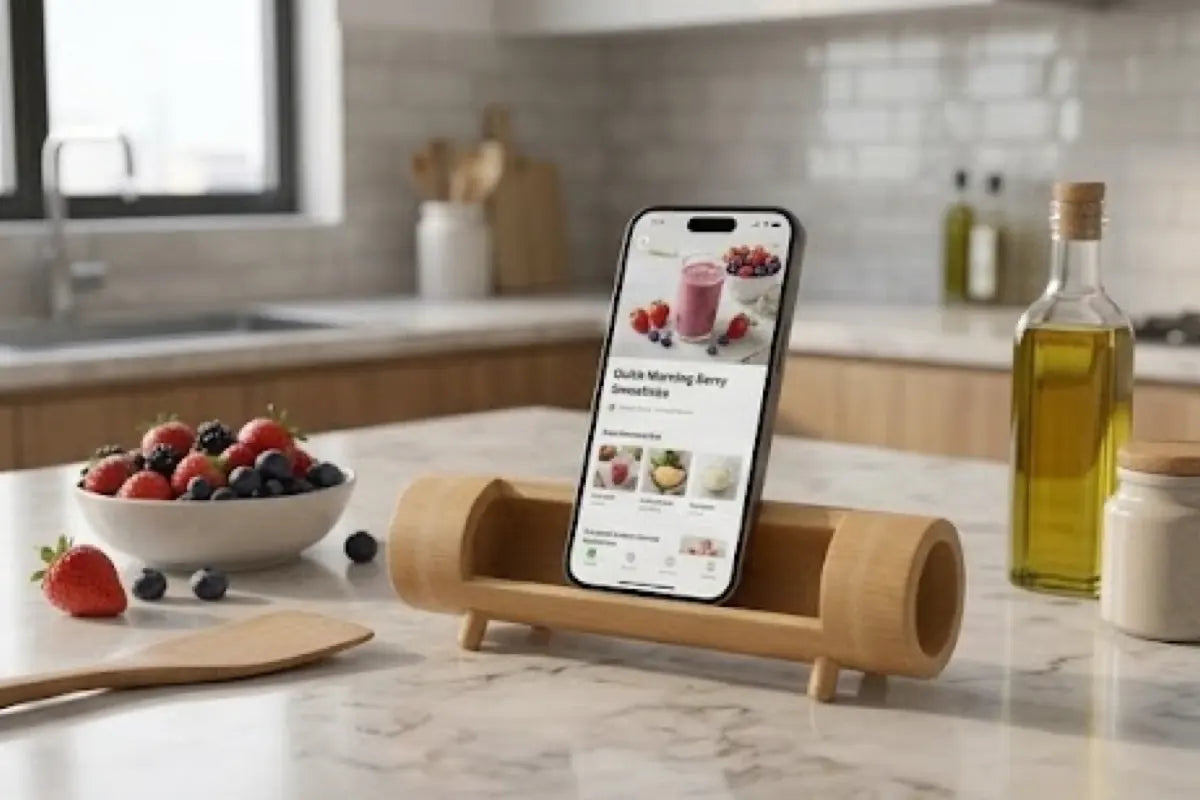 Zen Bamboo Acoustic Phone Stand holding a phone on a bright kitchen counter